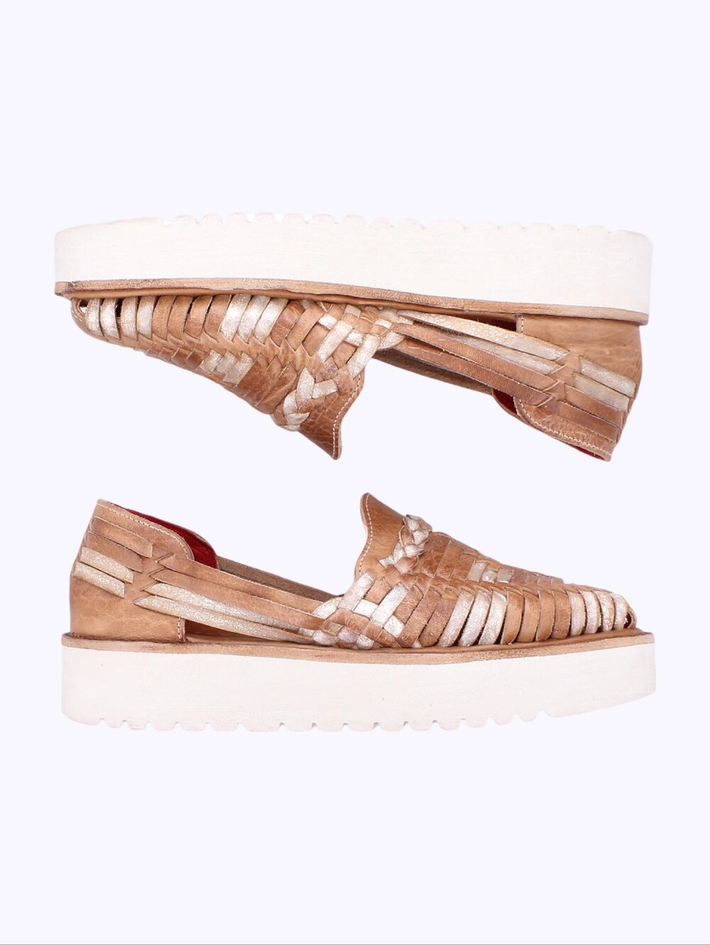 Bed Stu Lita Tan Silver Metallic Woven Leather Platform Huarache Loafers Womens - Picture 2 of 11